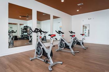a group of spin bikes in a gym